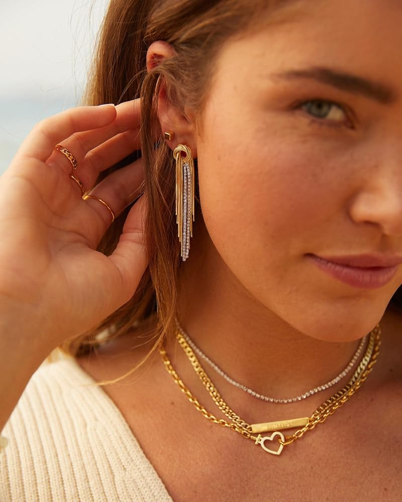 Amazon.com: Long Gold Knot Tassel Earrings for Women 18k Gold Plated Dangling Metal Sleek Chain Linear Fringe Drop Earrings Rhinestone Geometric Earrings Bridesmaid Prom Jewelry: Clothing, Shoes & Jewelry