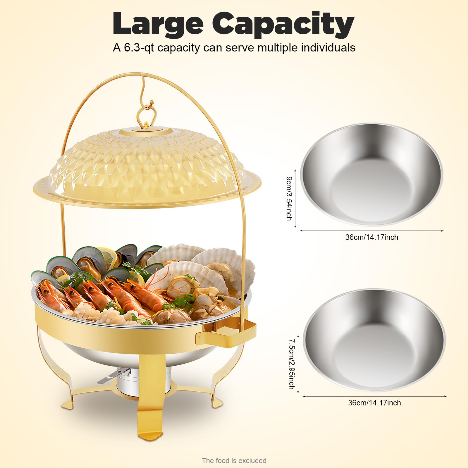 Chafing Dish in acciaio inox, 6 l, scalda buffet rotondo con coperchio, bruciatore a spirito, contenitore per buffet, feste e catering, contenitore per cibo per casa ed eventi (6 litri)