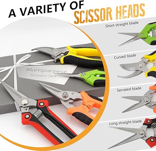 Miniatura 5 de Paquete de 4 tijeras de podar de jardín de acero inoxidable, tijeras de mano para recortar jardín con tijeras afiladas, herramientas de jardinería