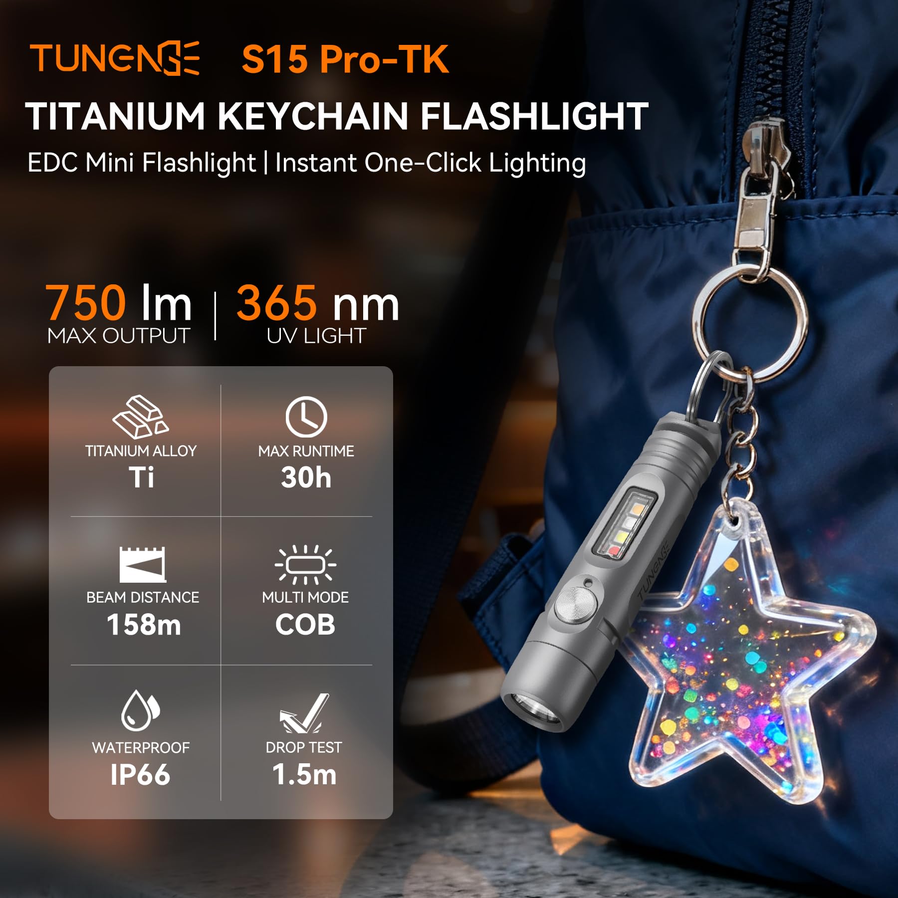 S15PRO-TK - Torcia portachiavi in titanio, mini torcia tascabile ricaricabile USB-C, 750 lumen, piccola luce EDC con luce UV e 5 modalità luce laterale + cacciavite per emergenze, manutenzione
