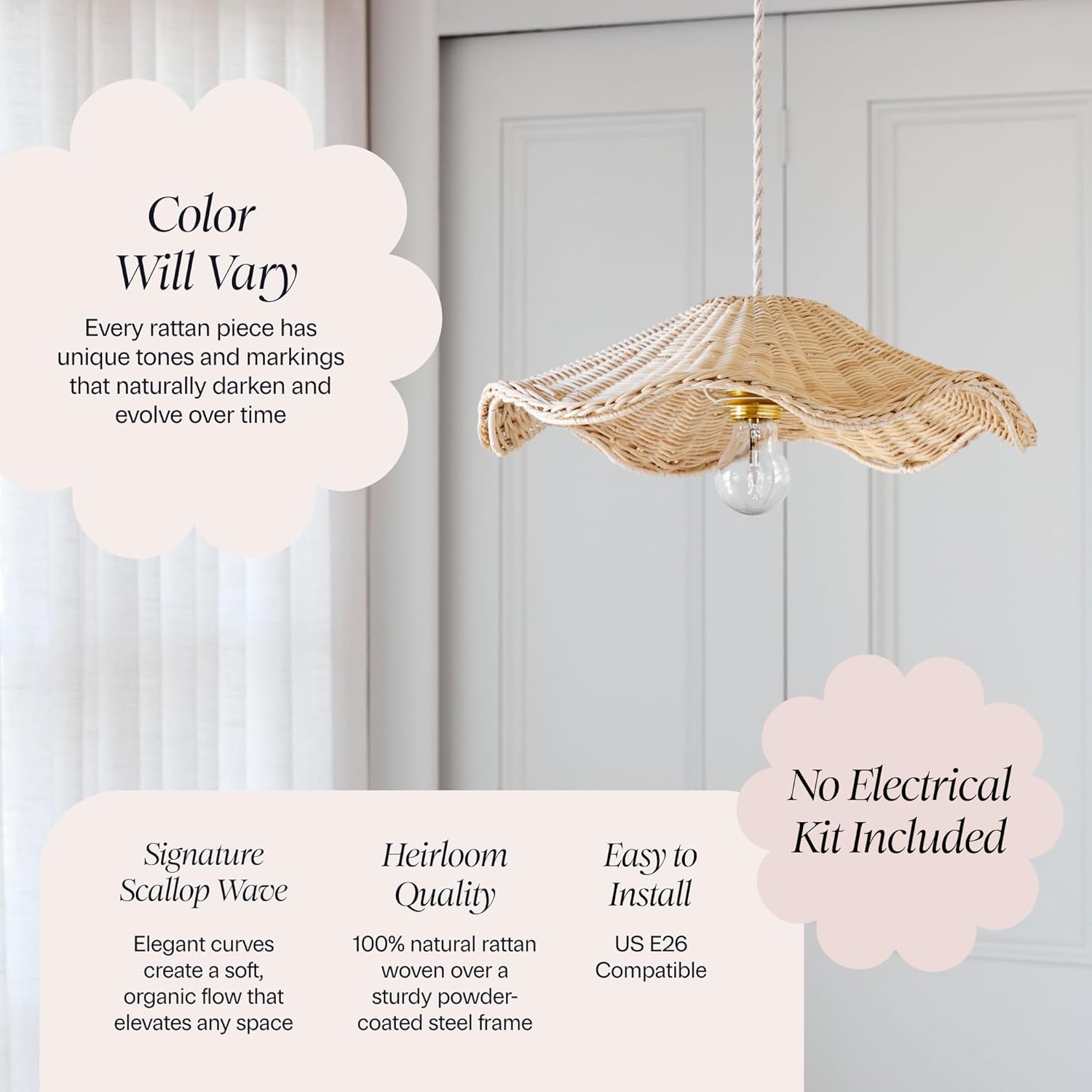 BEBE BASK Hand Woven Rattan Lamp Shade - Unique Wave Wicker Lamp Shade - 17 x 5 Inch - Unique Boho Lamp Shade - Rattan Light Shade - Rattan Pendant Light Shade - Wicker Pendant Light Shade