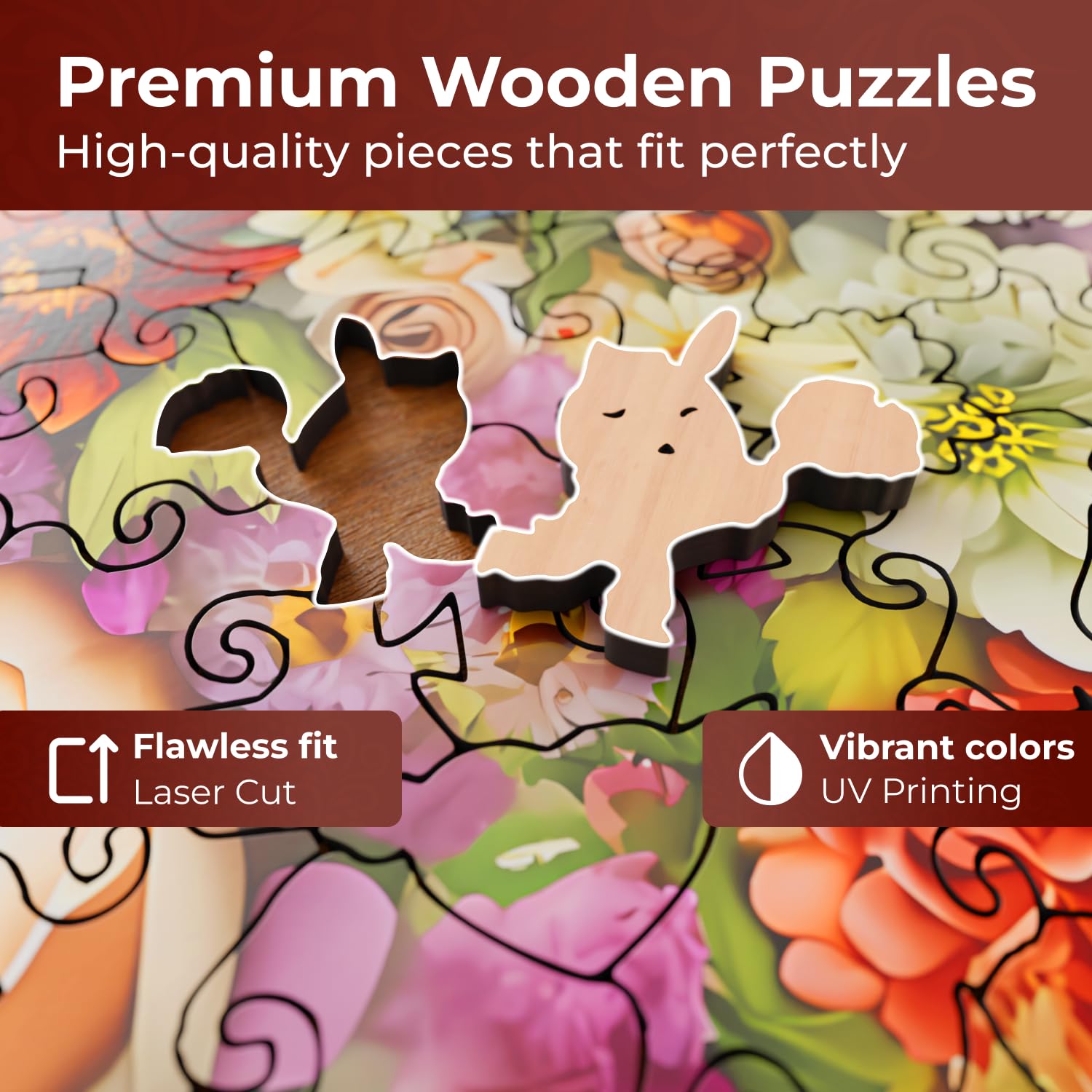 Flowers Wooden Puzzles for Adults - A3 Blooming Heart with 128 Pieces - Jigsaw Puzzles with Unique Animal Shapes - 10.8" x 10.8" - Image 4