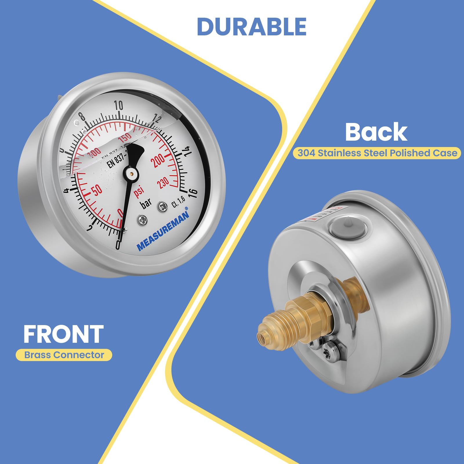 Manomètre, Manomètre Glycérine 2,5 pouces, 0-16 bar, boîtier en acier inoxydable 304, raccord arrière 1/4" BSP