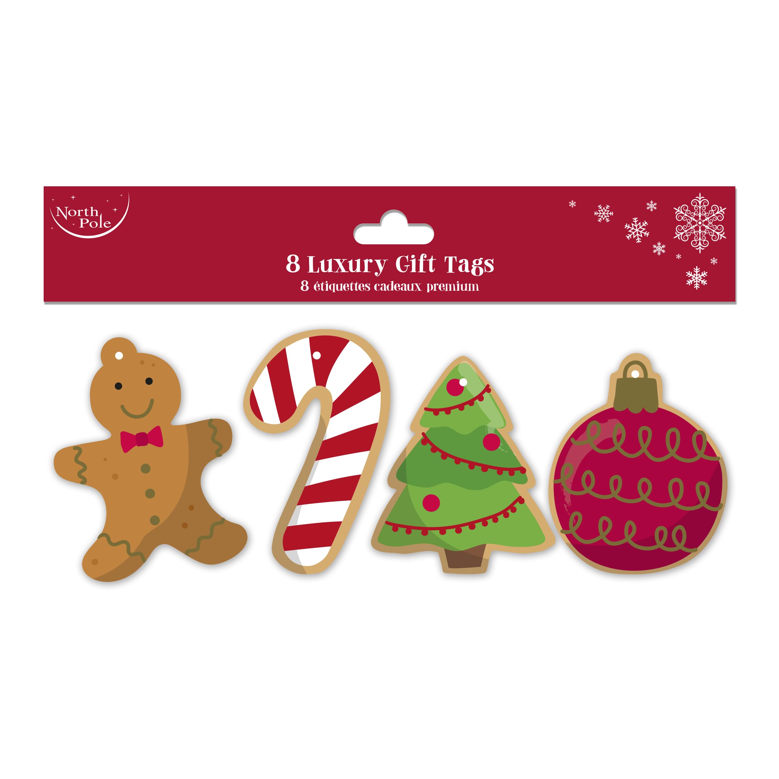 Eurowrap Red, White 8 Christmas Gingerbread Cookie Gift Tags – 4 Festive Die-Cut Designs – Pre-Strung With Red & White Bakers Twine – 7 X 16 Cm