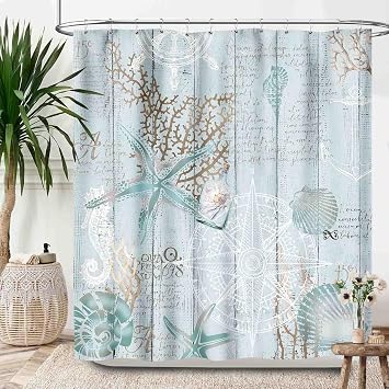Blue Nautical Coastal Shower Curtains,Vintage Marine Coastal Sailboat Compass Anchor Ocean Beach Theme Bathroom Curtain Waterproof Fabric Machine Washable with Hooks,72x84Inch