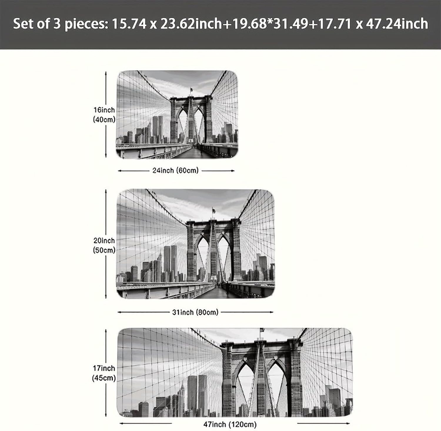 Brooklyn Bridge Kitchen Mats for Floor 3 Pcs Kitchen Rugs