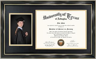 GraduationMall 11x19 Black Diploma and Photo Frame for 8.5x11 Certificate,5x7 Picture,Tempered Glass,Black over Gold Double Mat