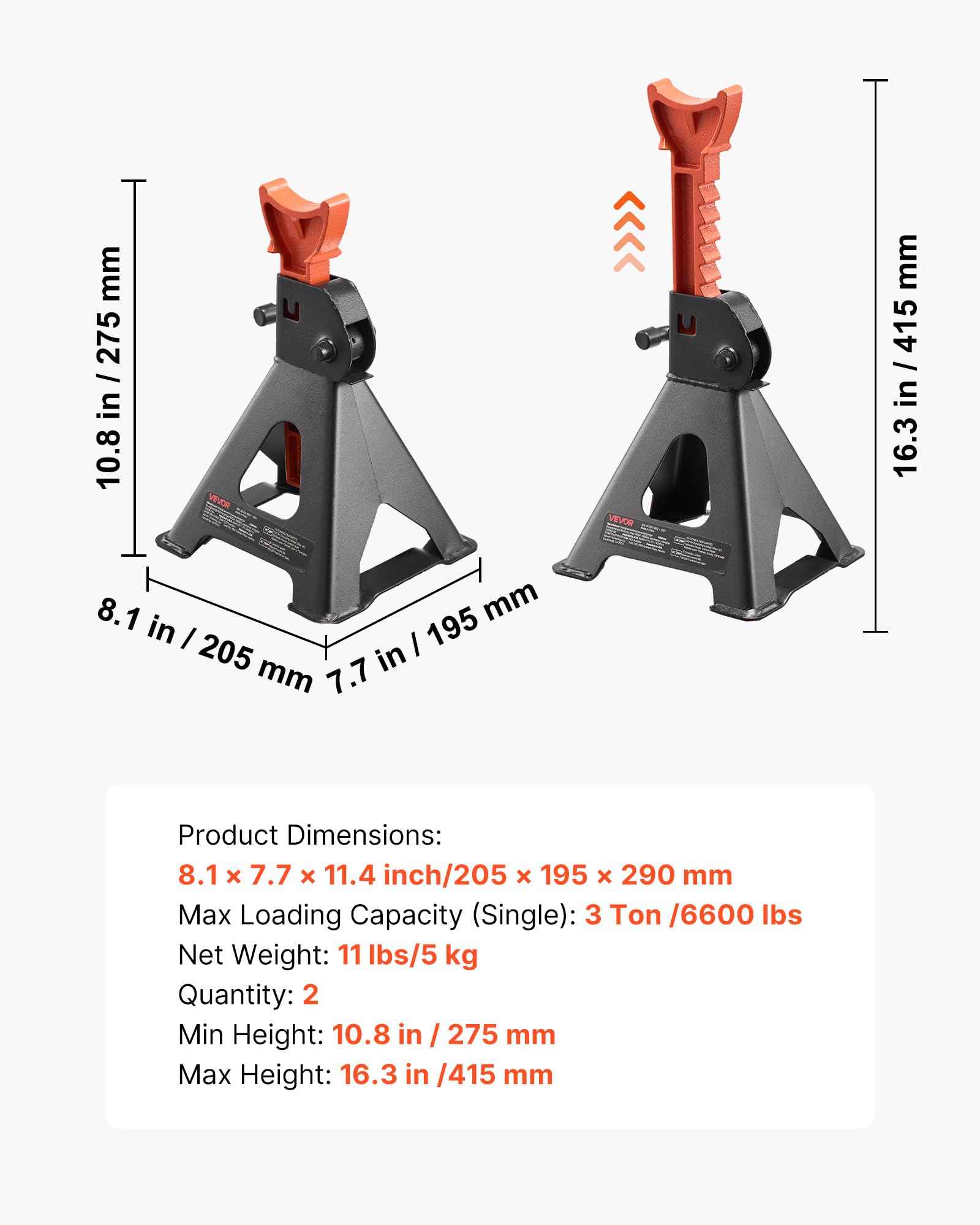 VEVOR Cavalletti di Sollevamento Capacità 3 Tonnellate, Altezza Regolabile da 275 a 415 mm, Robusti Cavalletti di Sollevamento in Acciaio con Bloccaggio, per SUV, Auto, Nero e Arancione