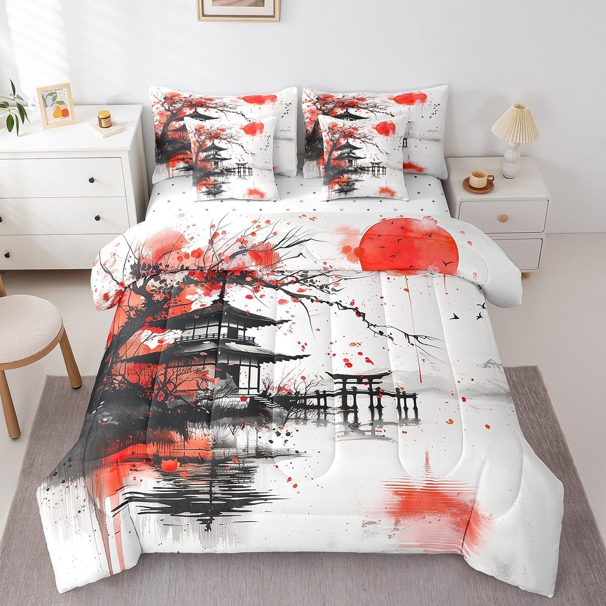 jejeloiu Purple Flower Comforter Set 7 Pieces Queen Size Kids Floral Butterfly Bedding Set for Boys Girls Teens Garden Bed in a Bag Soft Lightweight Microfiber Room Decor