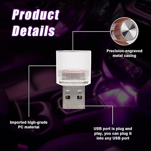 Miniatura 3 de Sylvil 4 luces LED USB para el interior del automóvil, con interfaz automotriz USB enchufable, lámparas nocturnas de carga, mini luz LED para