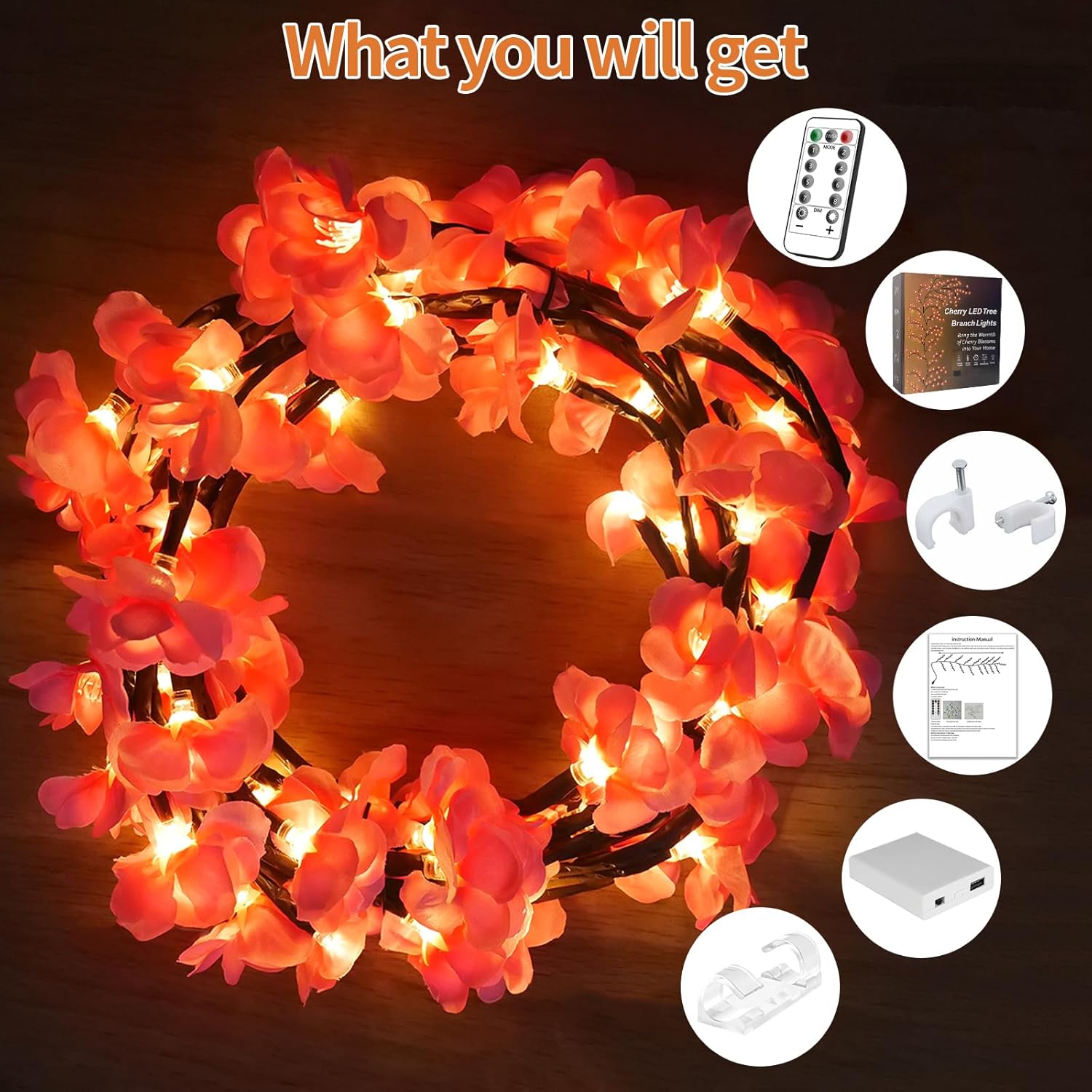 Cherry LED Branch Lights, 144 LED Willow Vine Light Garland Lighting with Remote Control, 8 Adjustable Lighting Modes, Plug-in Indoor Decorative Lights for Home Wall Door Decor