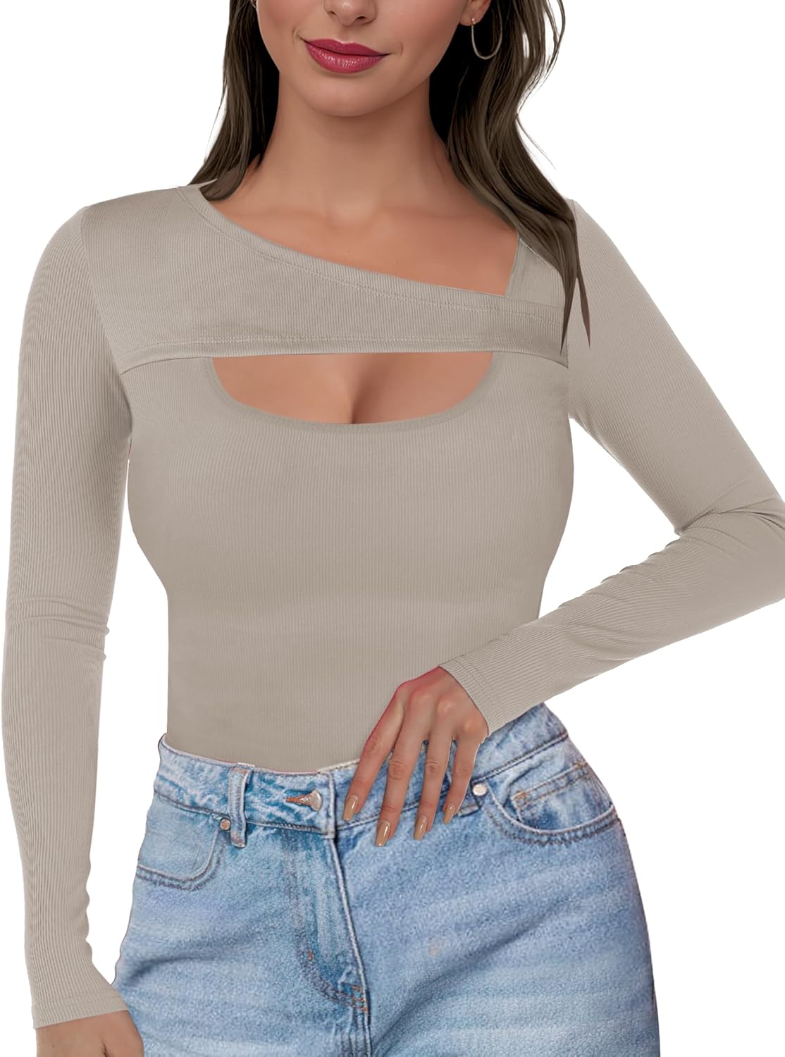 Buauty Womens Ribbed Long Sleeve Shirts Cutout Slim Fit Tee Trendy Sexy Top Fall Fashion 2025 Going Out Tshirts Y2K Clothes Khaki - Image 6