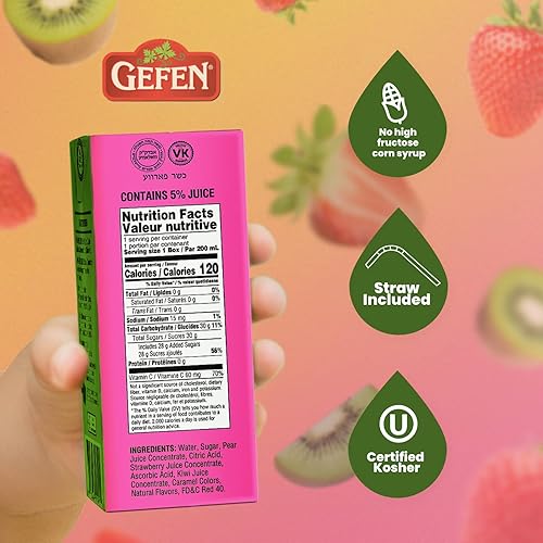Miniatura 4 de Gefen Caja de jugo de fresa y kiwi con pajita (paquete de 27) Sin jarabe de maíz de alta fructosa Apto para viajes Tamaño de la lonchera