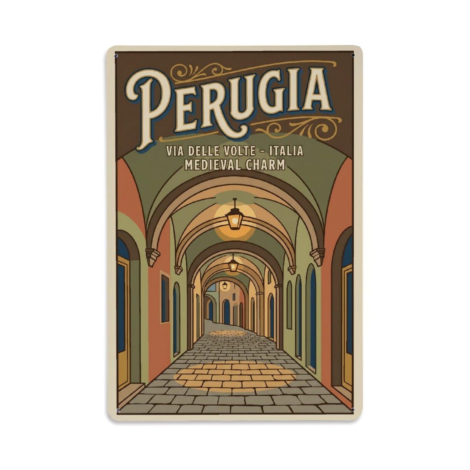 Vintage Travel Perugia Via Delle Volte Clean Italy Metal Tin Sign Plaque Wall Decor for Cafe, Club Bar, Office, Home Garden Metal Poster 8x12Inch