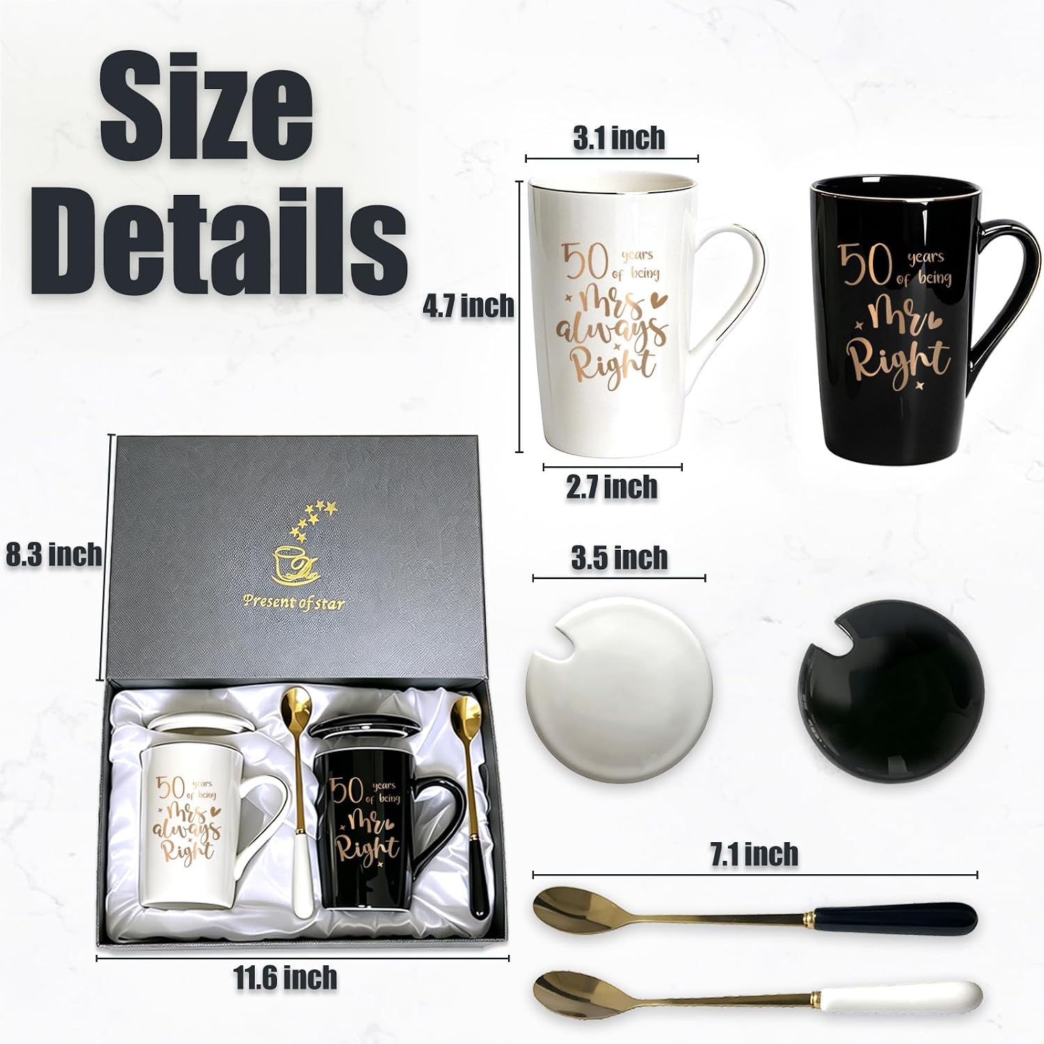 50th Wedding Anniversary for Couples - 50 Years of Being Mr & Mrs Right Coffee Mug Gift Set with Lids, Golden 50th Gifts Ideas for Parents Grandparents (14 Oz, Black & White)