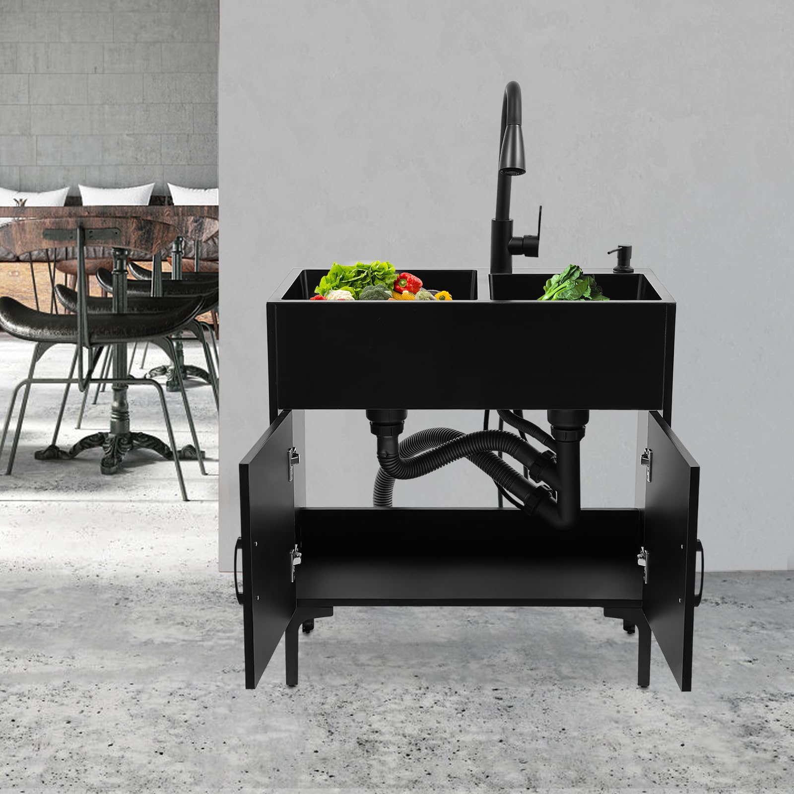 Évier Double 75x41cm Acier Inoxydable Noir, Lavabo avec Armoire et Robinet Extractible, Ensemble Complet de Cuisine avec Égouttoir, Moderne Meuble évier Pour Cuisine Buanderie