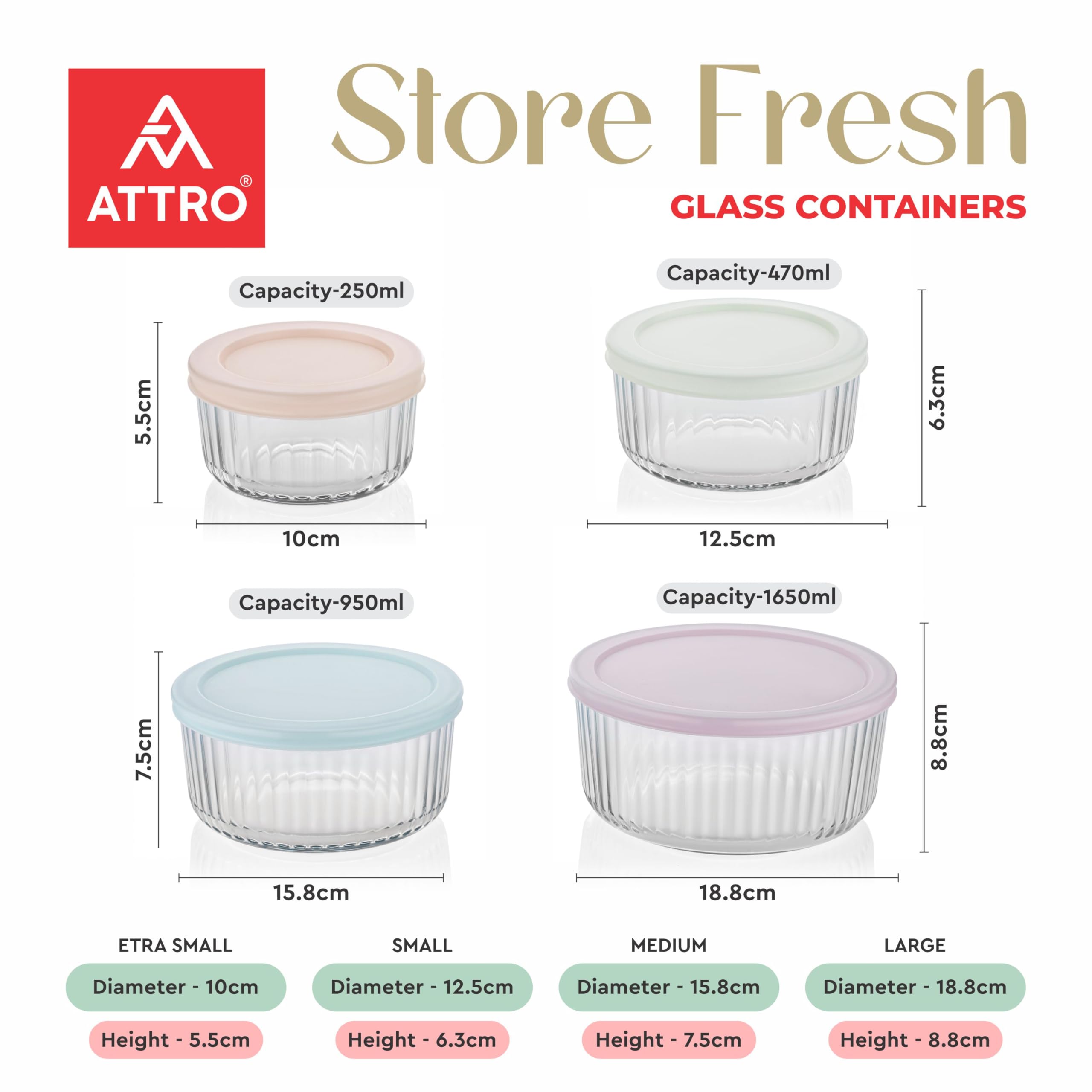 ATTRO Glassox Borosilicate Store Fresh Striped Finish Round Containers with Lids-Microwave,Oven, fridge,dishwasher safe. Transparent-set of 4 (250ml, 470ml, 950ml, 1650ml) elegant-Mix Pastel Colors — Amazon image 4