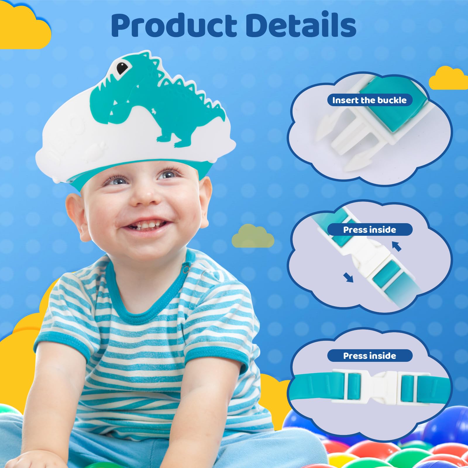 Baby Shower Cap, Shower Cap for Baby Kids Adjustable Dinosaur Children's Shampoo Cap for Baby Eyes and Ears Protector Bath More Fun - Image 4