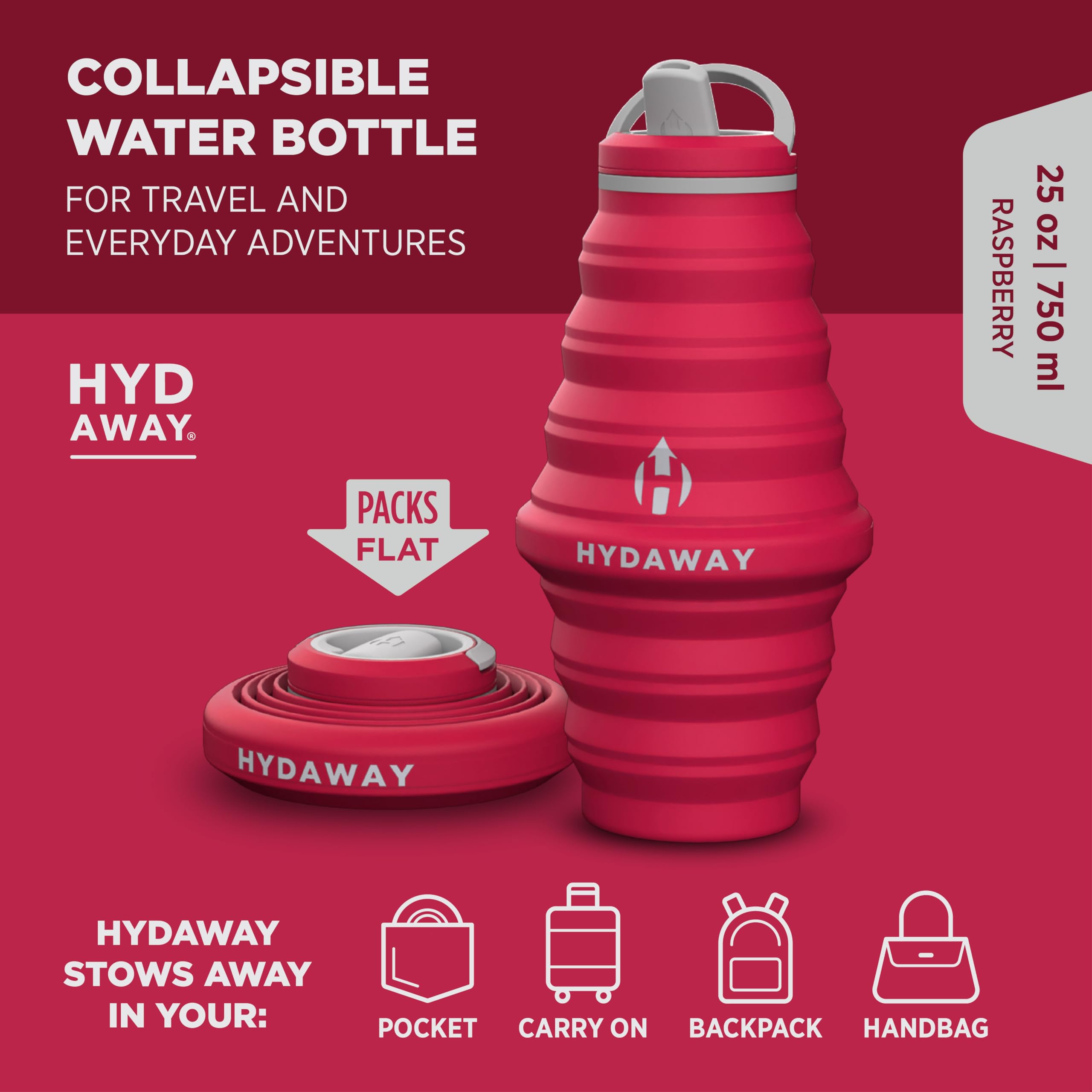 HYDAWAY - Bouteille d'eau pliable, couvercle à rabat, facile à emporter, pratique lors de vos déplacements, silicone de qualité alimentaire, 750 ml