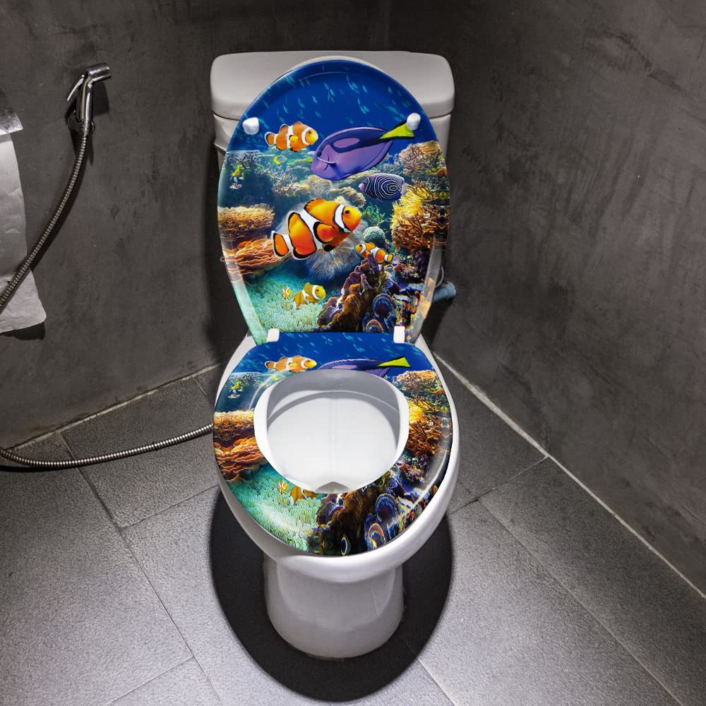 Froadp Asiento de inodoro con tapa ovalada de cierre suave, asiento de inodoro antibacteriano de plástico duro para todos los inodoros estándar, fácil instalación y limpieza (peces ornamentales)
