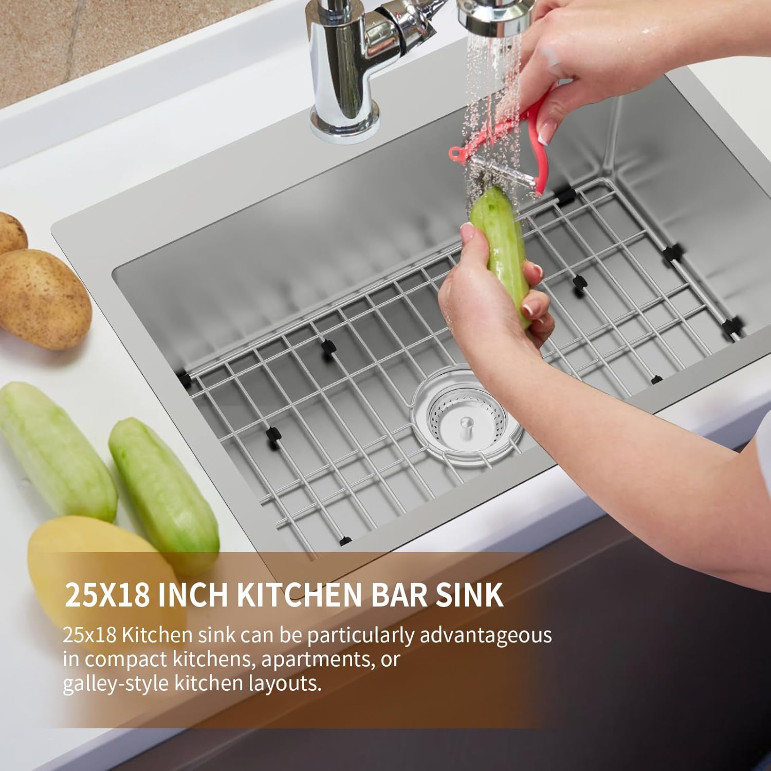 Kitchen Sink,25x18 Inch Stainless Steel Drop In Topmount Kitchen And Bar Sink Stylish and Modern Look Come With Bottom Grid,Drain Basket And Drain Assembly Add Elegance & Enhance Usability.