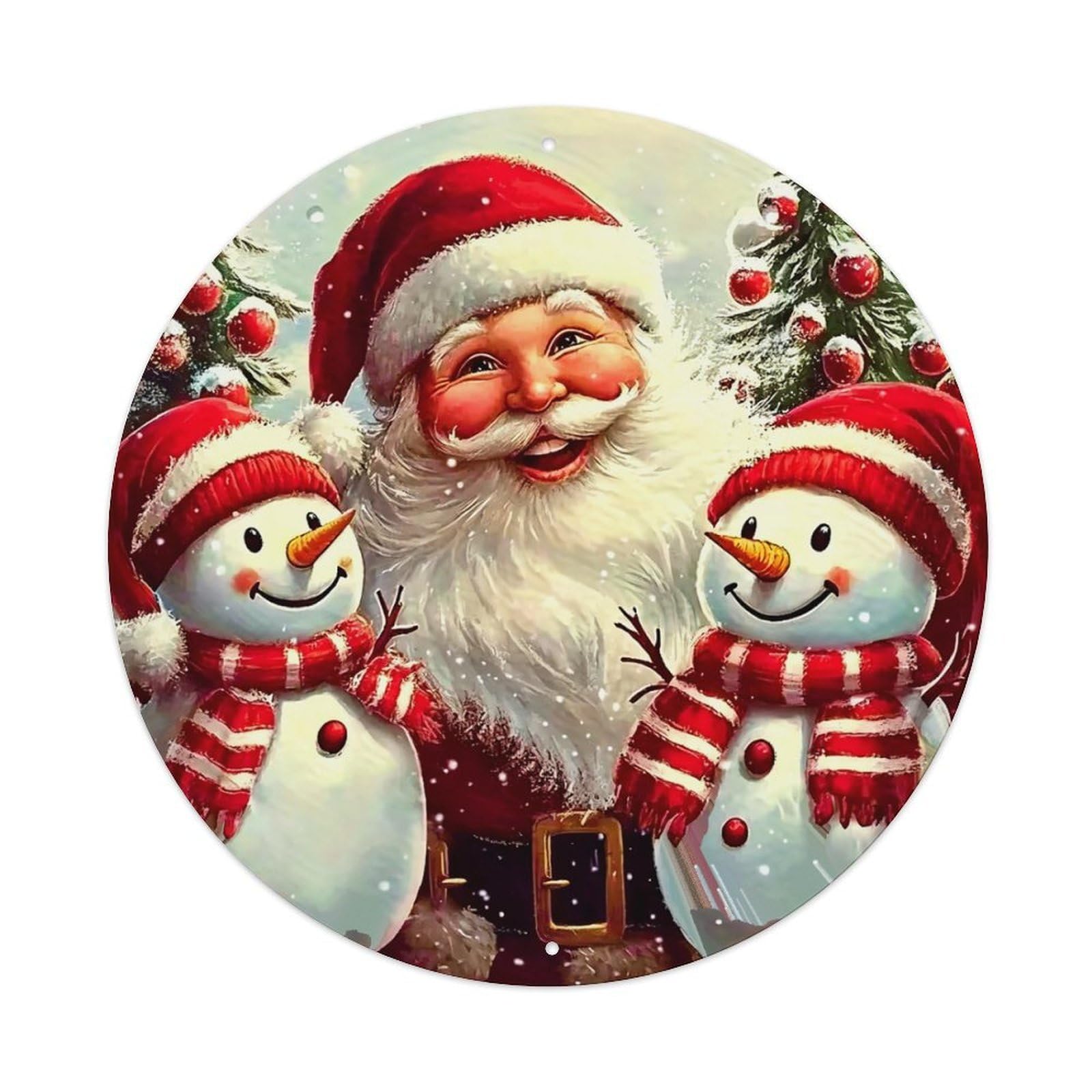 Santa Snowman Christmas Tree Winter Round Tin Sign Vintage Metal Sign Home Bar Garden Indoor & Outdoor Wall Decor Retro Metal Poster 8x8 Inch