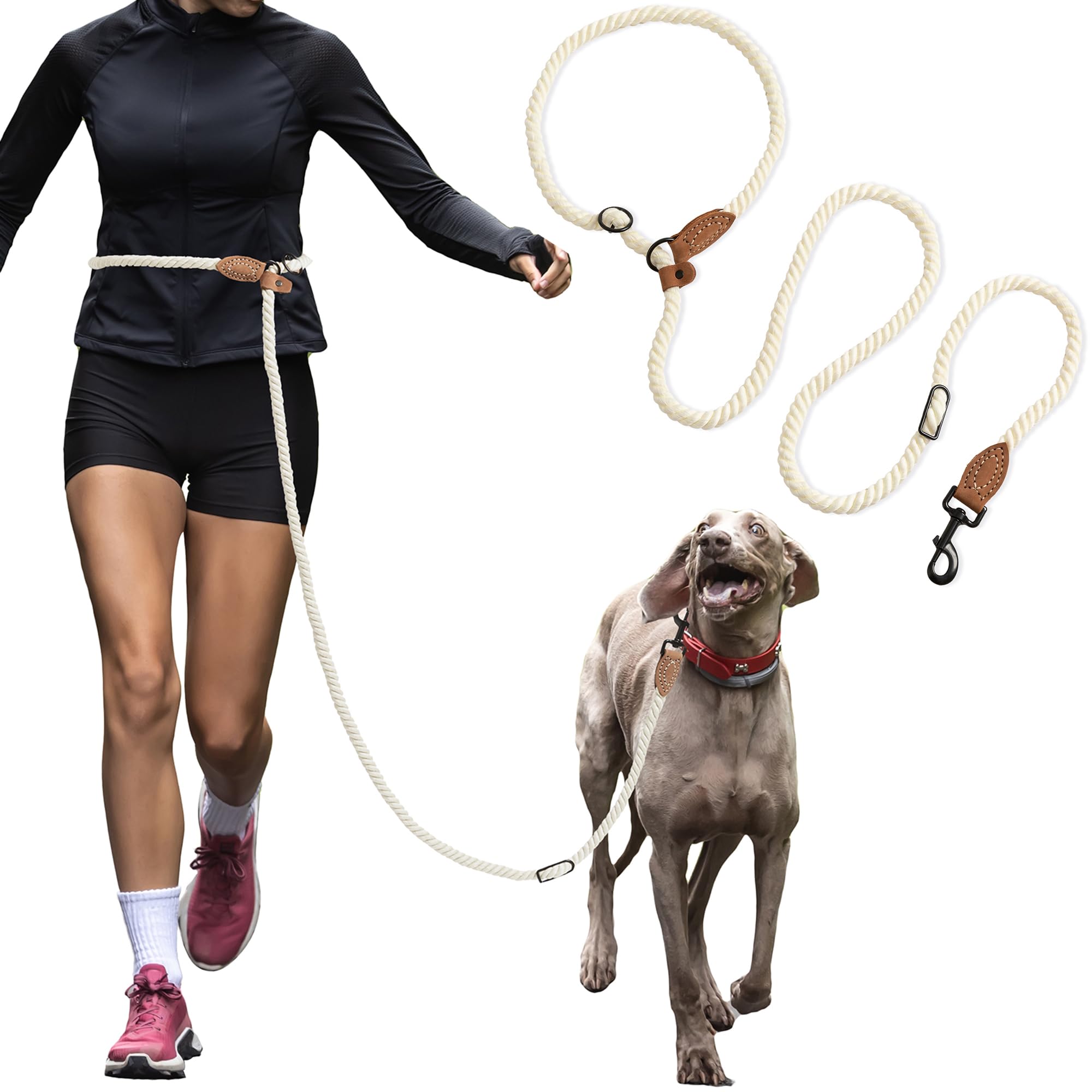 Mile High Life Hands Free Dog Leash, Crossbody Waist Leash with Genuine Leather Connection, Multifunctional Adjustable Slip Lead for Dog Walking Running (Cream, 8FT)