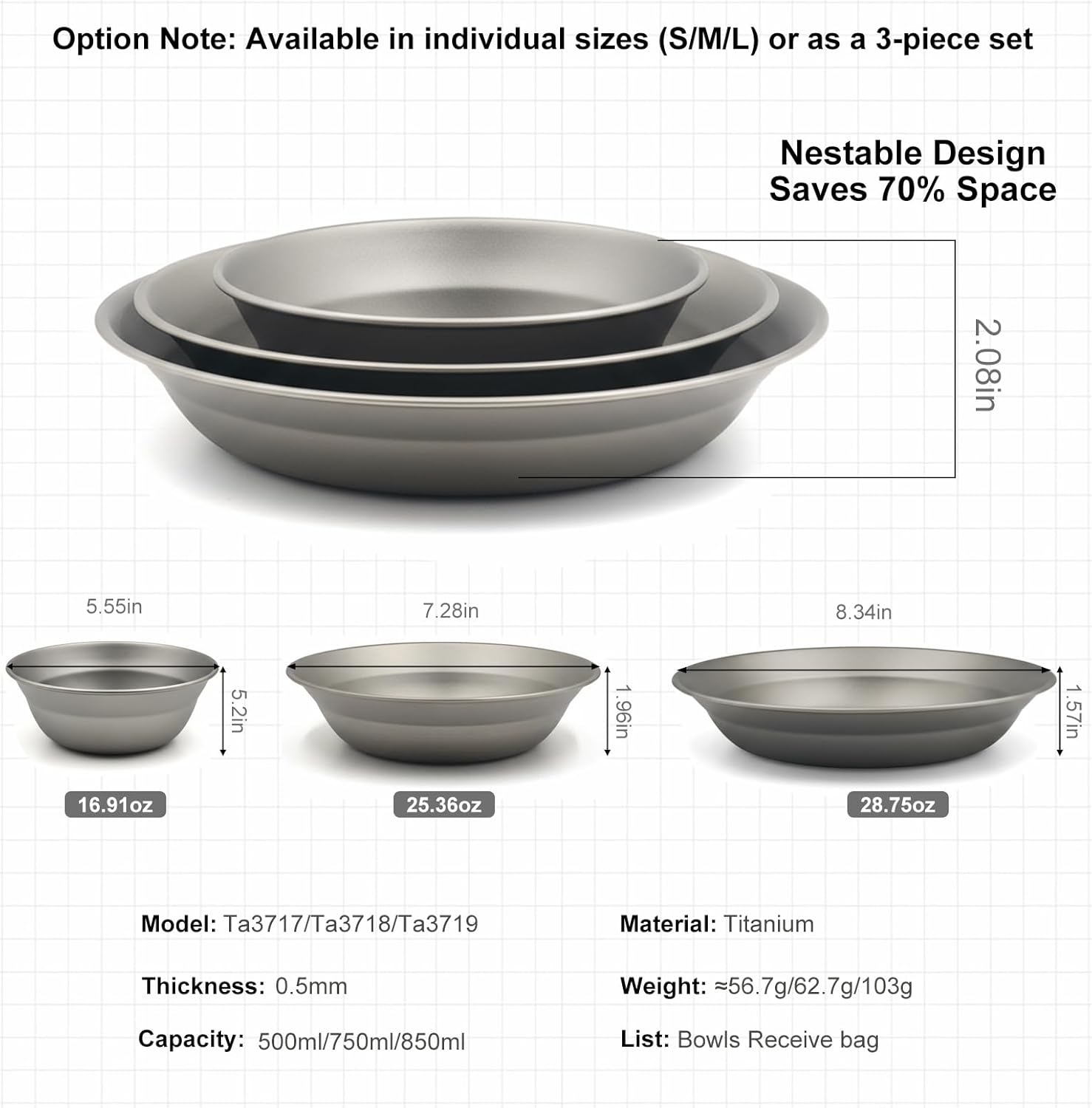 Pure Titanium Camping Plate 7.28 inch,Outdoor Ultralight and Compact Dinner Plate for Backpacking, Camping,Hiking Kitchen,Pure Titanium Tableware(25.4oz)