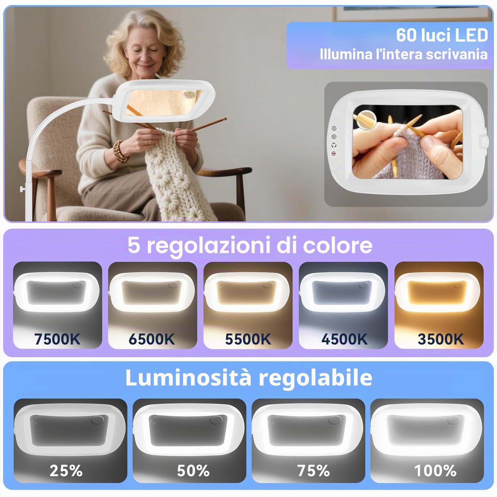 NZQXJXZ 10X 30X Lente Ingrandimento con Luce e Supporto, 2 in 1 Lampada d'Ingrandimento da Pavimento Dimmerabile a 60 LED, Lente di Ingrandimento per Lettura, Lavori Ravvicinati, Hobby,Bianco