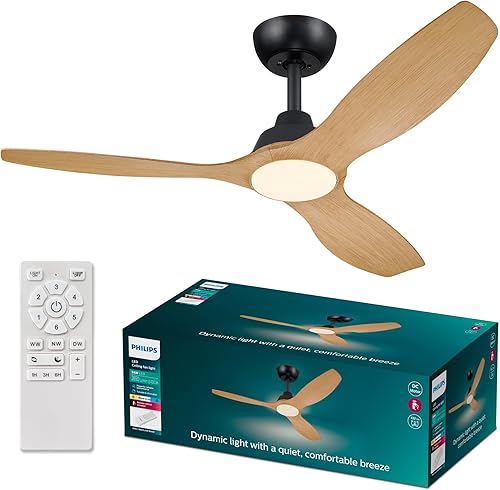 Philips Olas Ceiling Fan, 3 Blades, 24W LED Light, DC Motor, Color Temperature Range (3000K-4300K-6500K) with Dimmable Function, Remote Included, 52", Black and Wood - 1
