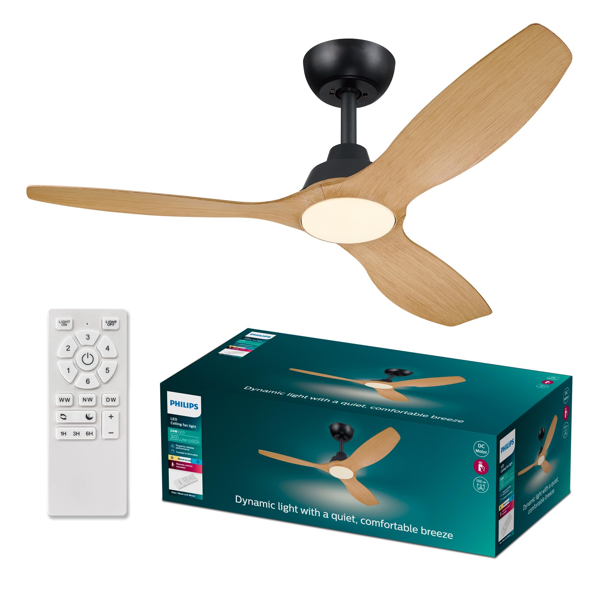 Philips Olas Deckenventilator, 3 Flügel, 132 cm Durchmesser, Gleichstrommotor, Farbtemperaturbereich (3000K-4300K-6500K), dimmbar, inklusive Fernbedienung, schwarz/Holz