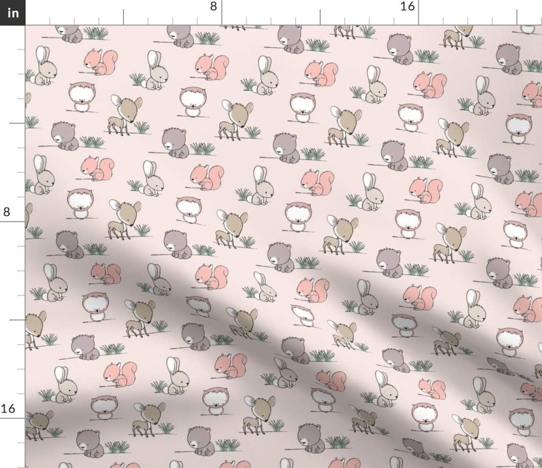 Spoonflower Fabric - Woodland Small Scale Grass Deer Pink Girl Rabbit Bunny Bear Printed on Petal Signature Cotton Fabric by The Yard - Sewing Quilting Apparel Crafts Decor