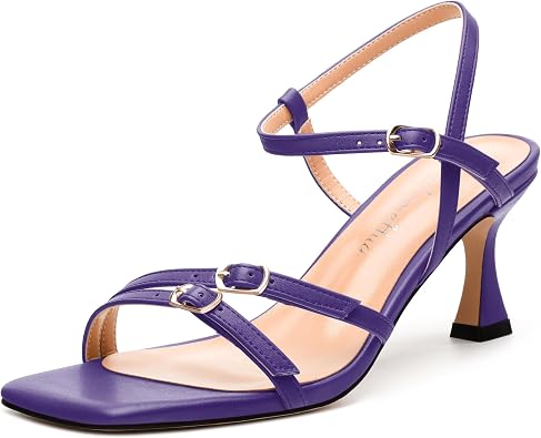 Womens Heeled Sandals, Square Open Toe Strappy Kitten Heels Ankle Strap Dress Sandals for Women