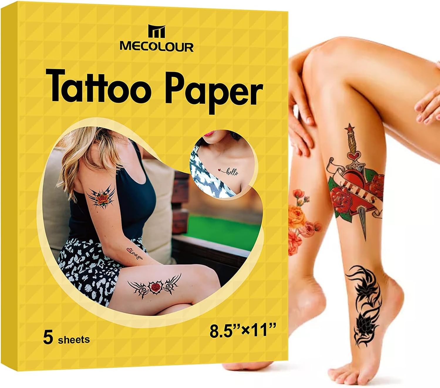 MECOLOUR Printable Temporary Tattoo Paper 8.5"X11"-5 Sets for Inkjet printer DIY Image Transfer Decal Paper for Skin, For Halloween, Celebrate Festivals, Parties, Birthday Bashes,New Year