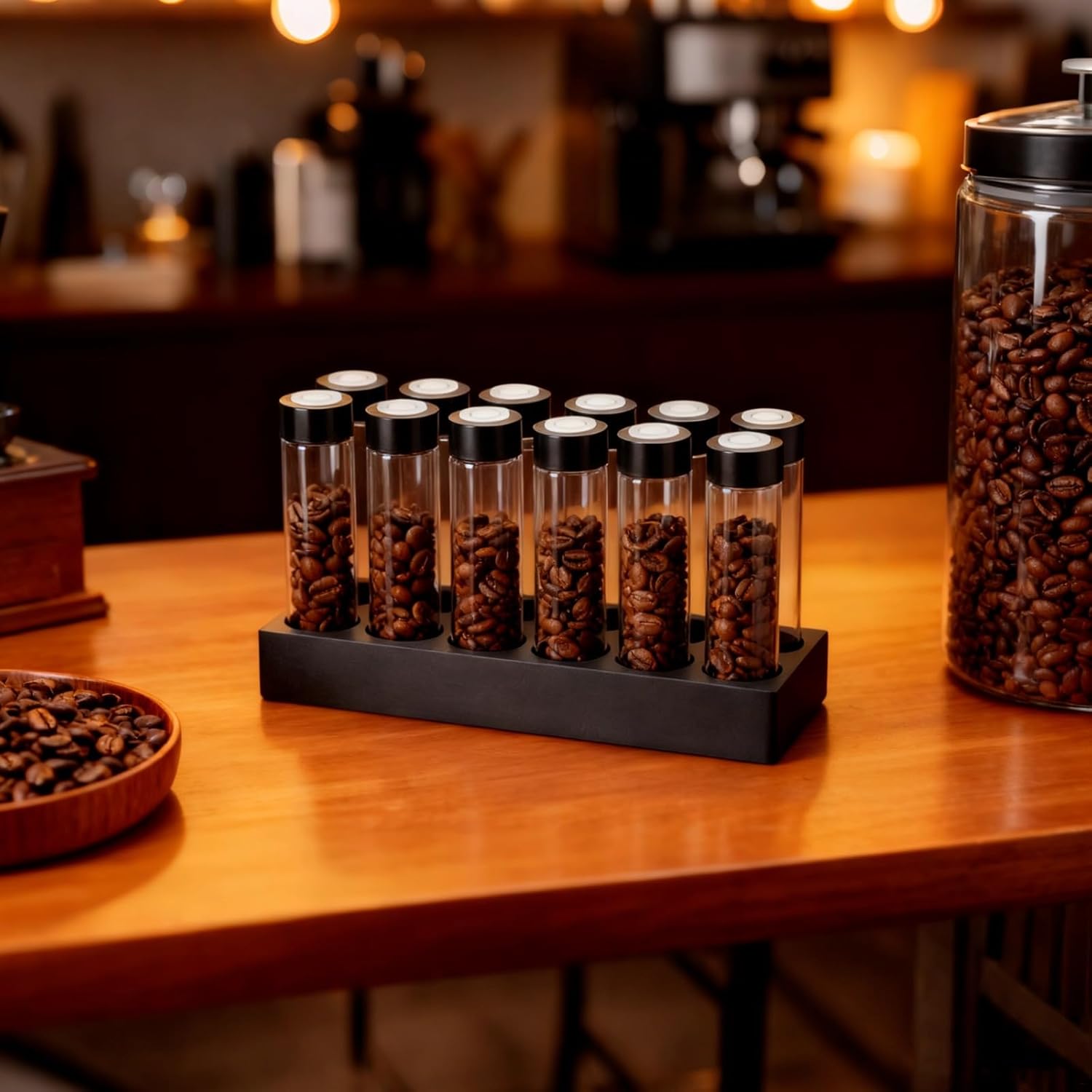 Set of 12, Coffee Bean Cellars with One-Way Exhaust Gate, Bean Storage Clear Glass Vaults, Includes Display Stand and Silicone Funnel