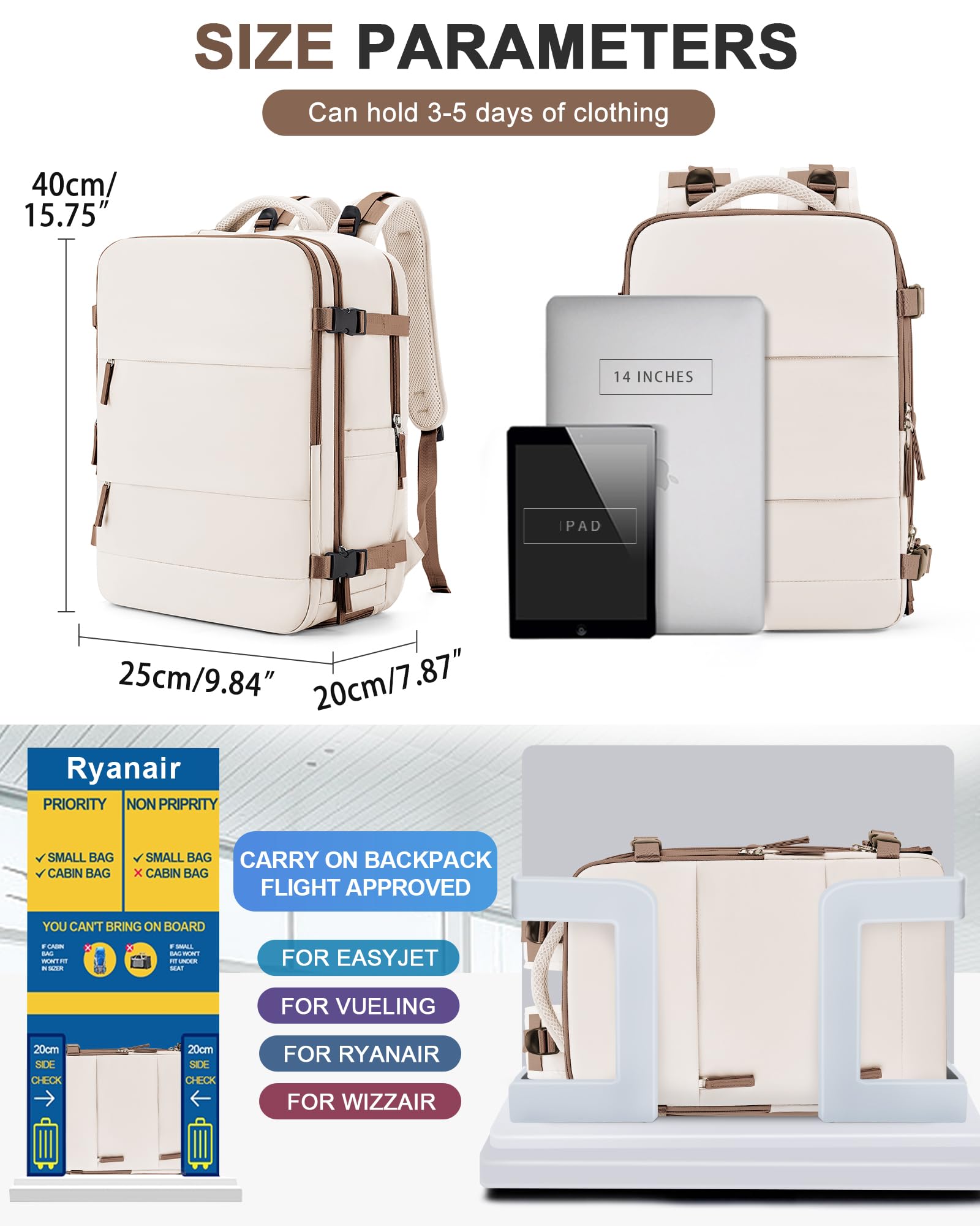 BJLFS Borse da Cabina per Ryanair 40x20x25 Bagaglio a Mano Zaino Borsa Zaino da Viaggio, Zaino da trekking,Zaino Easyjet 45x36x20,Zaino Casual per laptop da 14 pollici per scuola