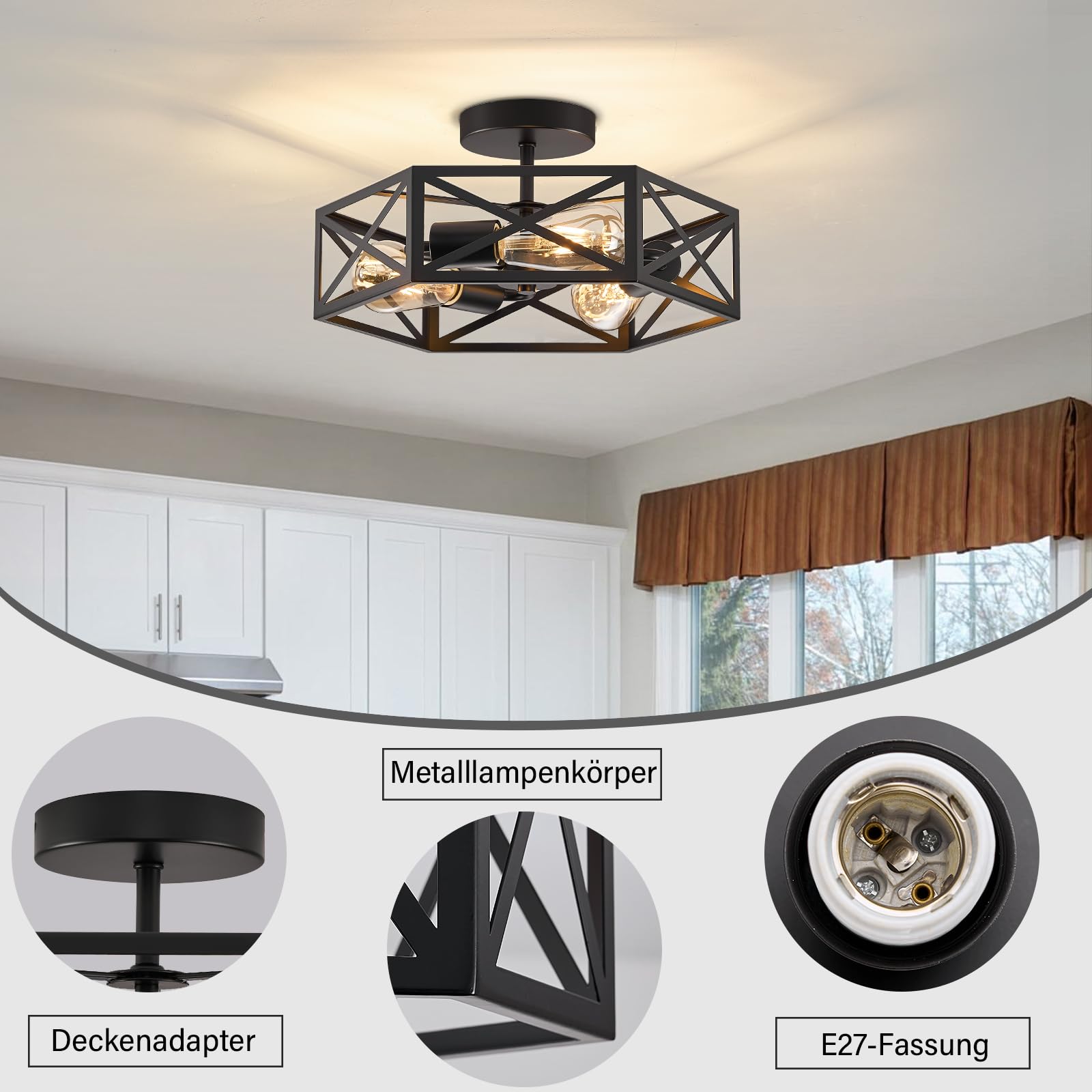 Qamra Deckenlampe Vintage Schwarz 3-flammig E27 Industrial Deckenleuchte Bauernhaus Metall Modern Käfig-Lichtarmatur für Küche, Flur, Schlafzimmer, Wohnzimmer, Eingangsbereich