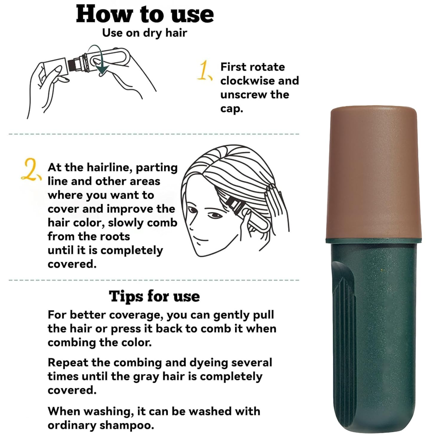 Quick Cover Root Touch Up Stick, 2-In-1 Hair Color Stick, Portable Instant Root Concealer Temporary Hair Shadow, Waterproof and Sweat-Proof Hair Dye Comb, Natural Finish for Women&Men (A4)