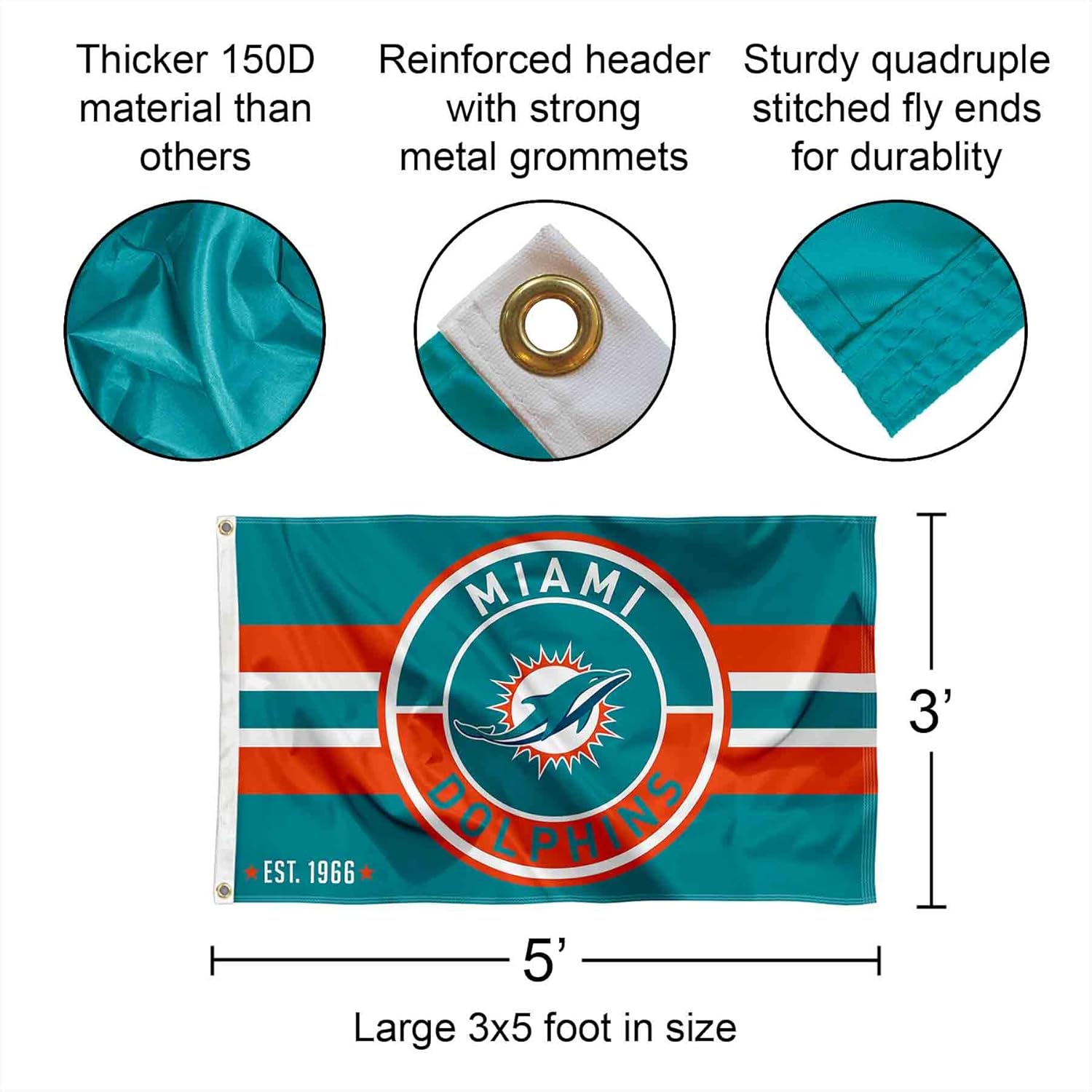 Miami Dolphins Patch Button Circle Logo Flag Large 3x5 Banner - Image 2