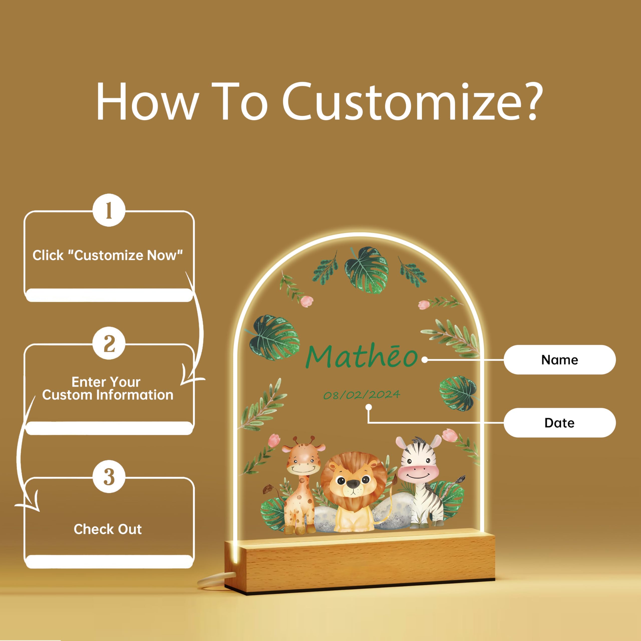 Personalized Baby Gifts, Personalized Night Light for Kids, Custom Name LED Lamp with Date for Girls Boys, Cute Animal Night Light, Childrens Night Lights for Bedroom, Nursery Decor