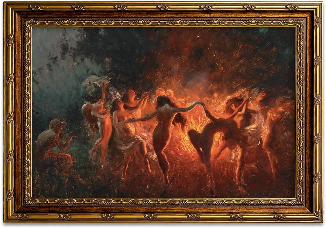 Vintage Gold Framed Wall Art Poster Print, Gothic Fire Dance Canvas Art Painting Dark Fantasy Picture, Retro Mythological Artwork Wall Decor for Living Living Room Game Room Study 12x16 Inches