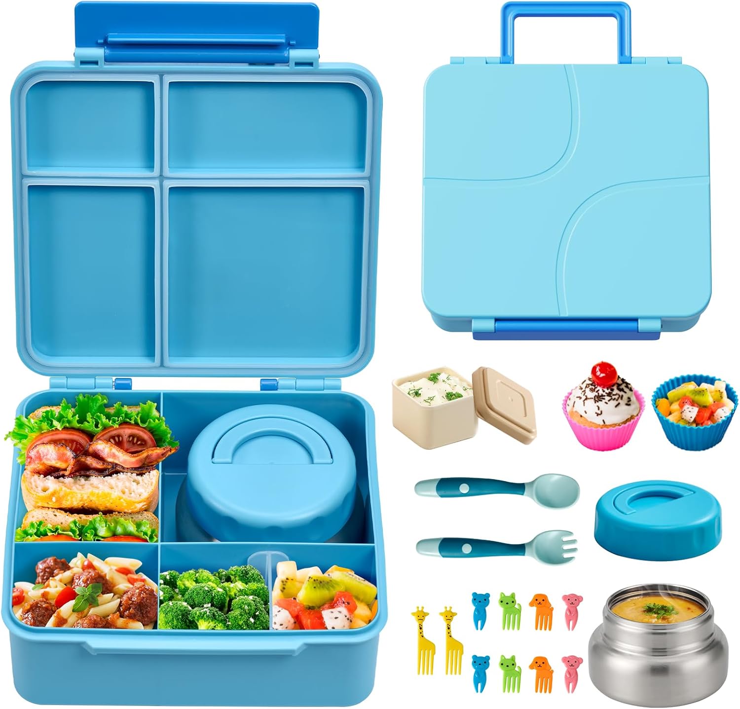 JSLOVE Bento Lunch Box with Leak Proof Thermos Food Jar for Kids, Food Lunch Containers for Boys with 4 Compartments, BPA-Free with Utensils, Food Picks, Sauce Jar & Silicone Lunch Box Dividers