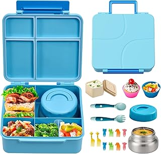 JSLOVE Bento Lunch Box with Leak Proof Thermos Food Jar for Kids, Food Lunch Containers for Boys with 4 Compartments, BPA-Free with Utensils, Food Picks, Sauce Jar & Silicone Lunch Box Dividers