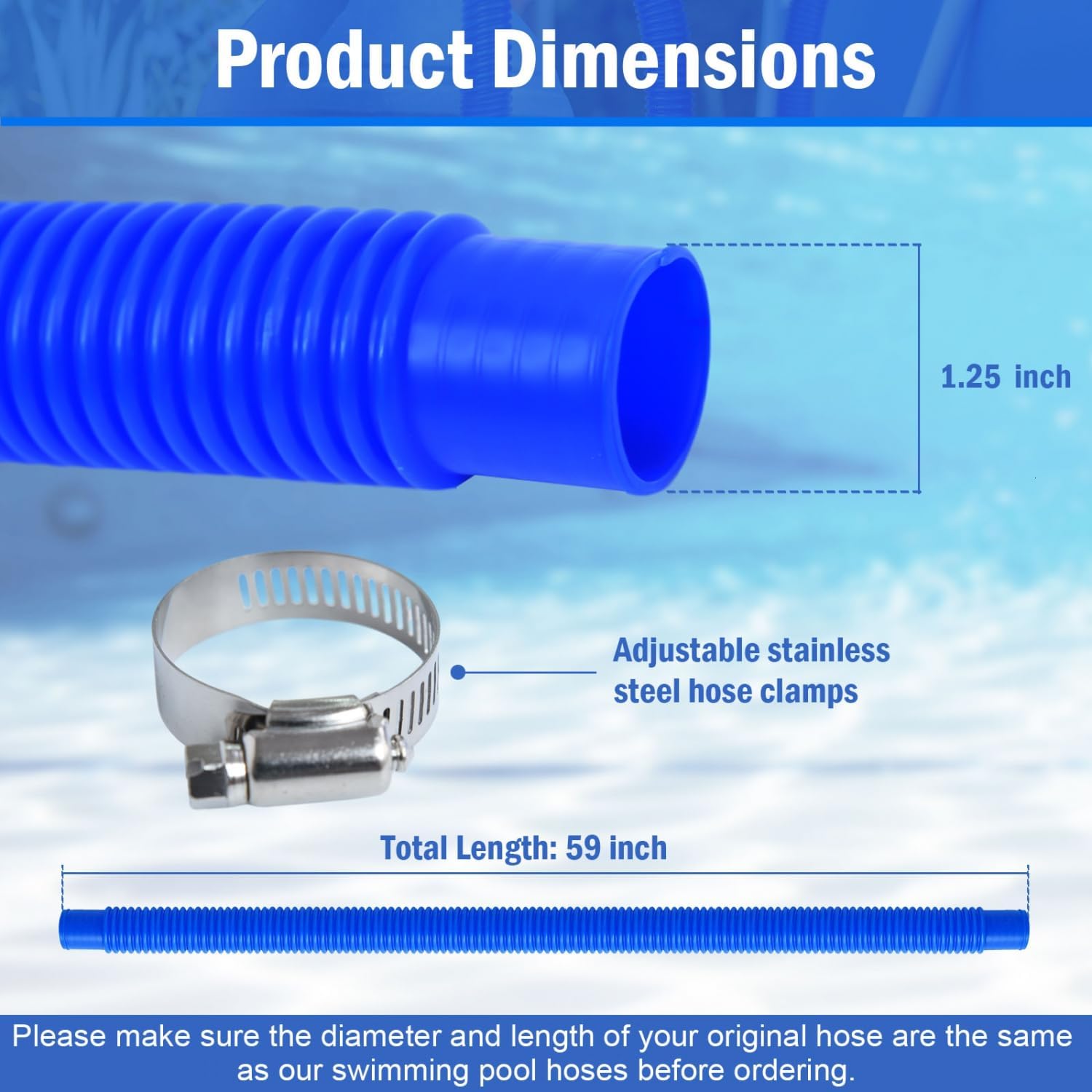 Pool Pump Replacement Hose for Above Ground Pools, 1.25 x 59 Inch Filter Hose, Compatible with Intex Filter Pump 607, 637, 330GPH, 530GPH, 1,000GPH, Includes 8 Metal Clamps, Blue (4 Pack)