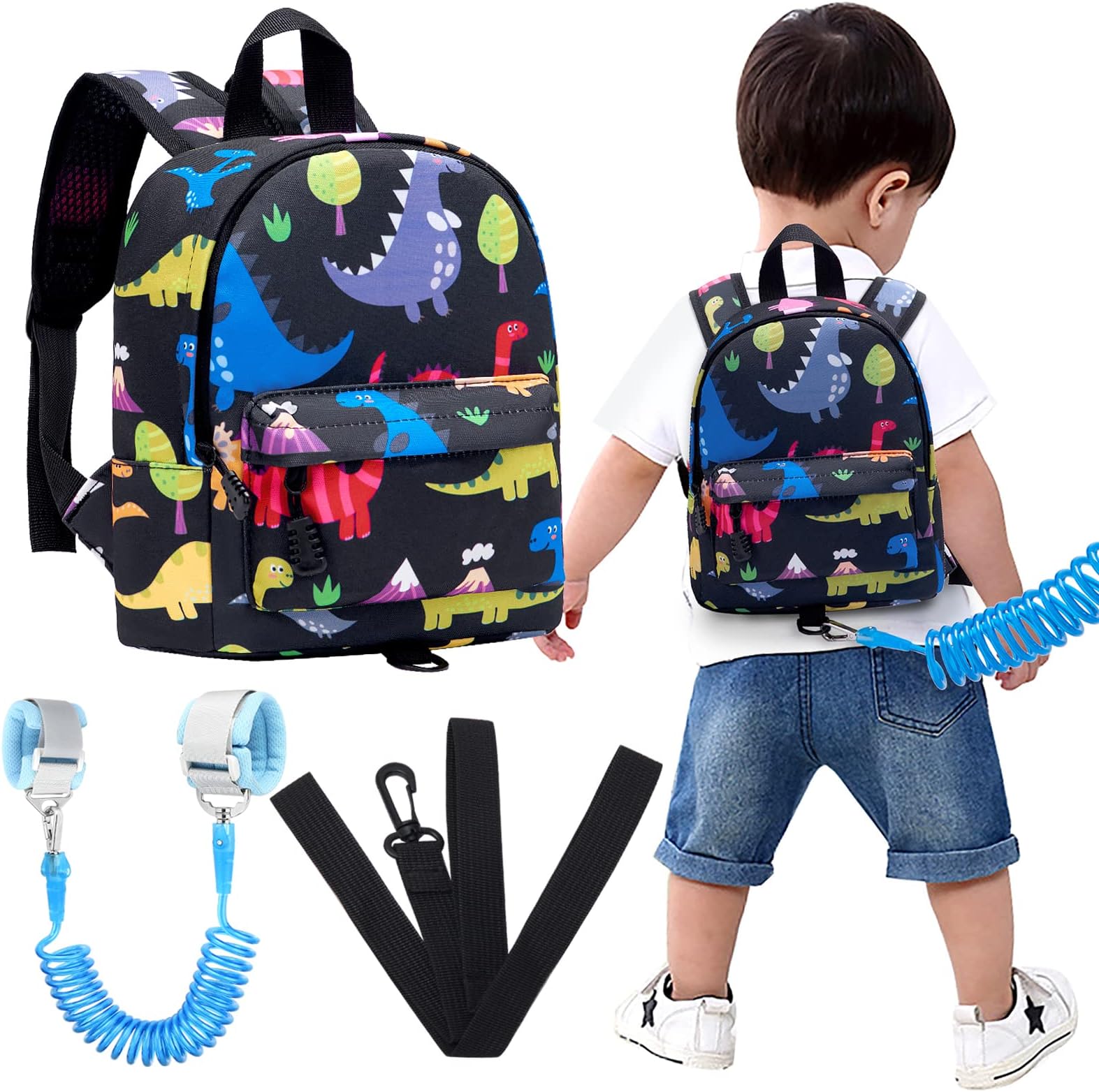 Accmor Toddler Backpack Leash with Anti Lost Wrist Link, Cute Mini Child Walking Harnesses Keep Kids Close Back Pack Rope Tether Rein for Baby Boys (Black/Dino)