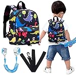 Accmor Toddler Backpack Leash with Anti Lost Wrist Link, Cute Mini Child Walking Harnesses Keep Kids Close Back Pack Rope Tether Rein for Baby Boys (Black/Dino)