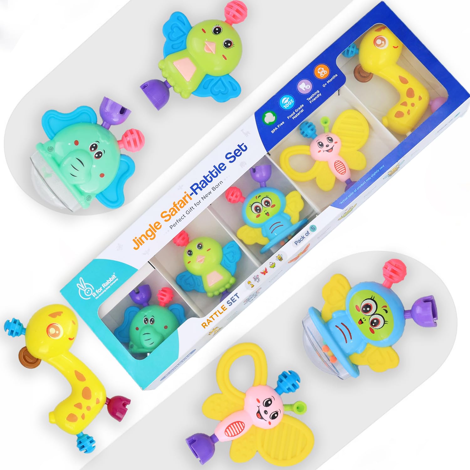 R for Rabbit Jingle Safari Infant Kids Rattles 5 Pcs Combo Toy Set for New Born Baby Lightweight BPA Free Toys Set for 0 to 24 Month Children (Multicolor)