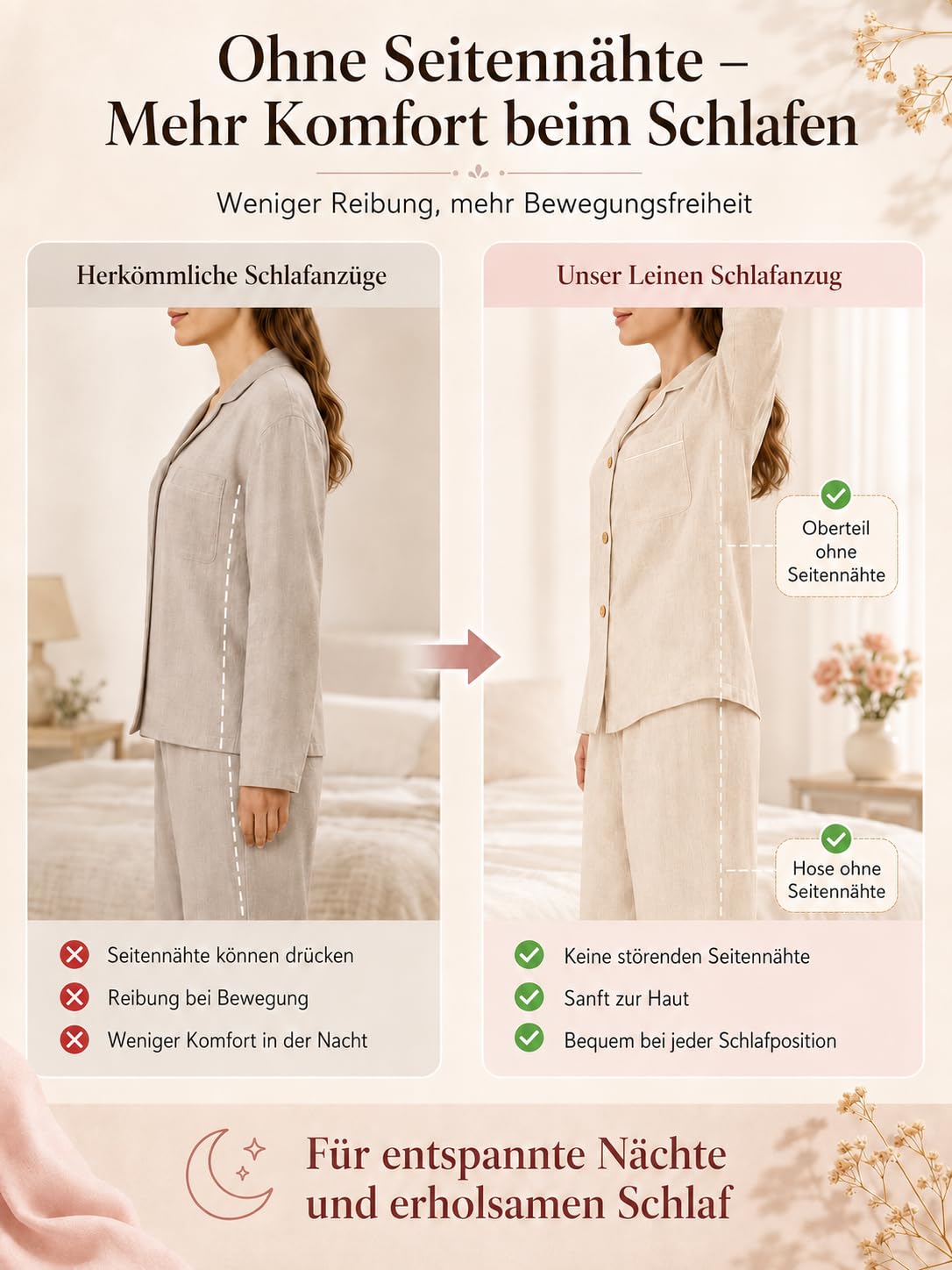 RAKUYUME Damen Pyjama Set, Leinen Langarm Schlafanzug mit Hose | 100% Leinen, atmungsaktive Damen Nachtwäsche, Ganzjahres-Pyjama, Hausanzug und Loungewear für Zuhause