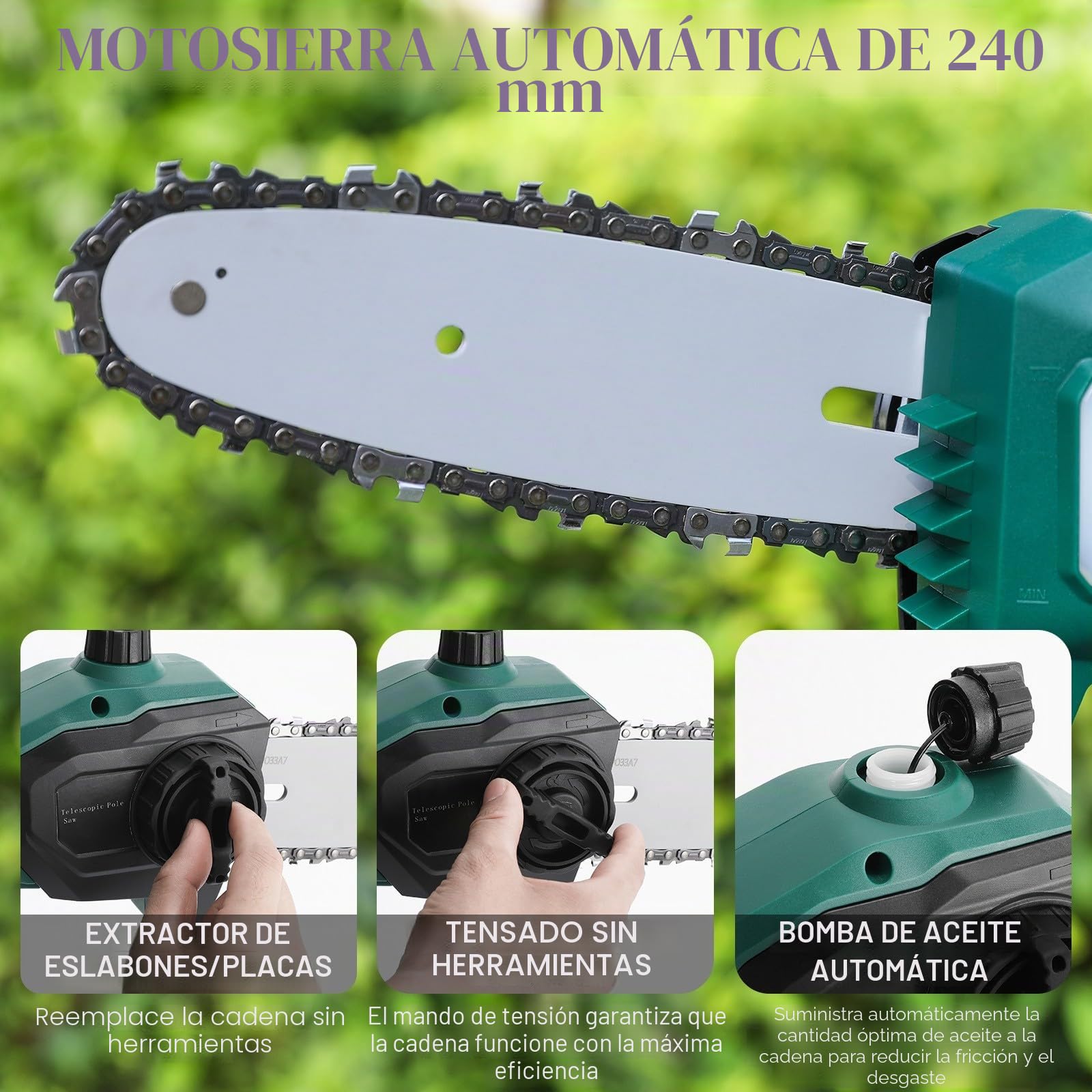 Podadora de Pértiga, Podadora de Altura, Sierra Telescópica Eléctrica, Batería 20V 2,5Ah y Cargador Rápido, Velocidad de Cadena 6m/s,Espada de Corte de 24cm, Autoengrasado, Varilla de aluminio, Ligera