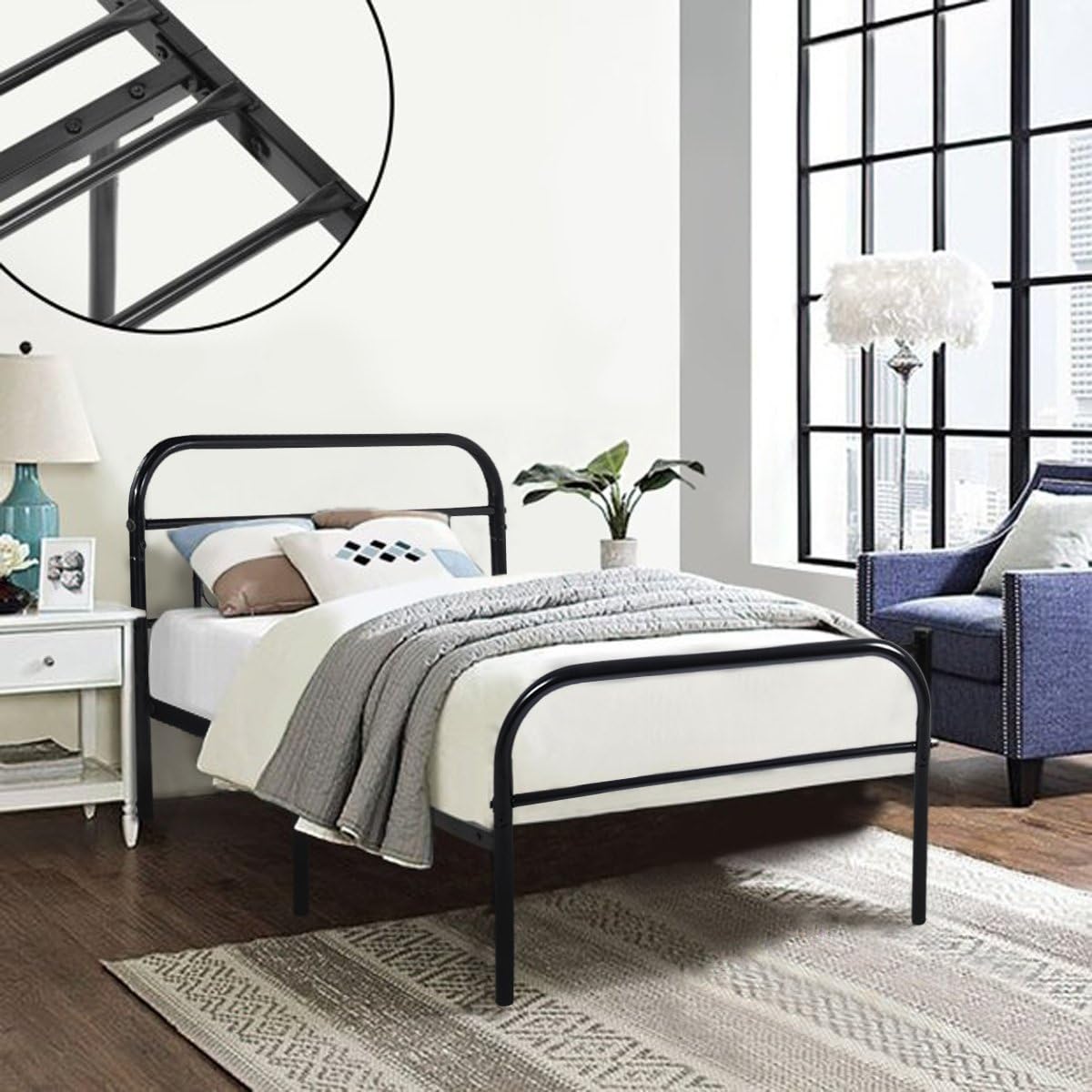 GreenForest Twin Bed Frame Metal Platform Mattress Base Platform Bed with Vintage Headboard Box Spring Replacement, Twin
